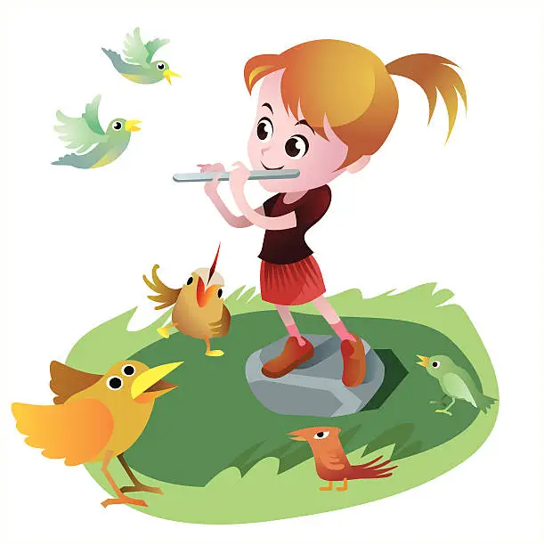 Vector illustration of girl playing flute