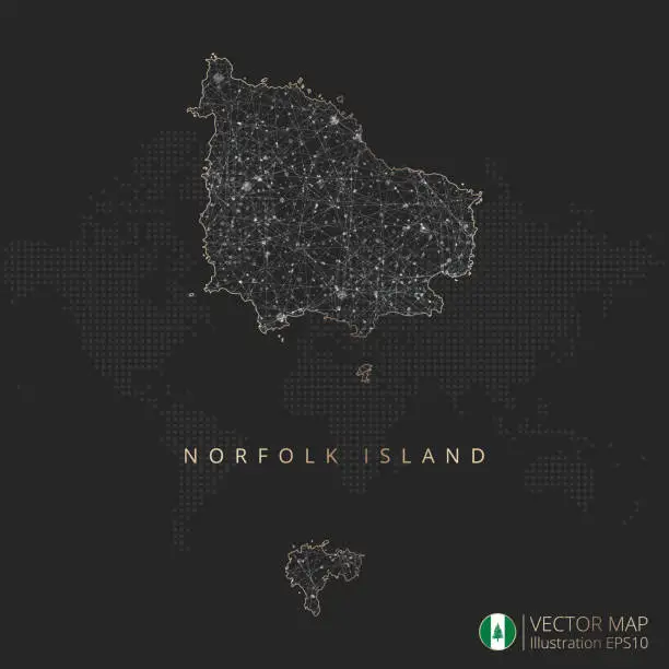 Vector illustration of Norfolk Island map abstract geometric mesh polygonal light concept with glowing contour lines countries and dots