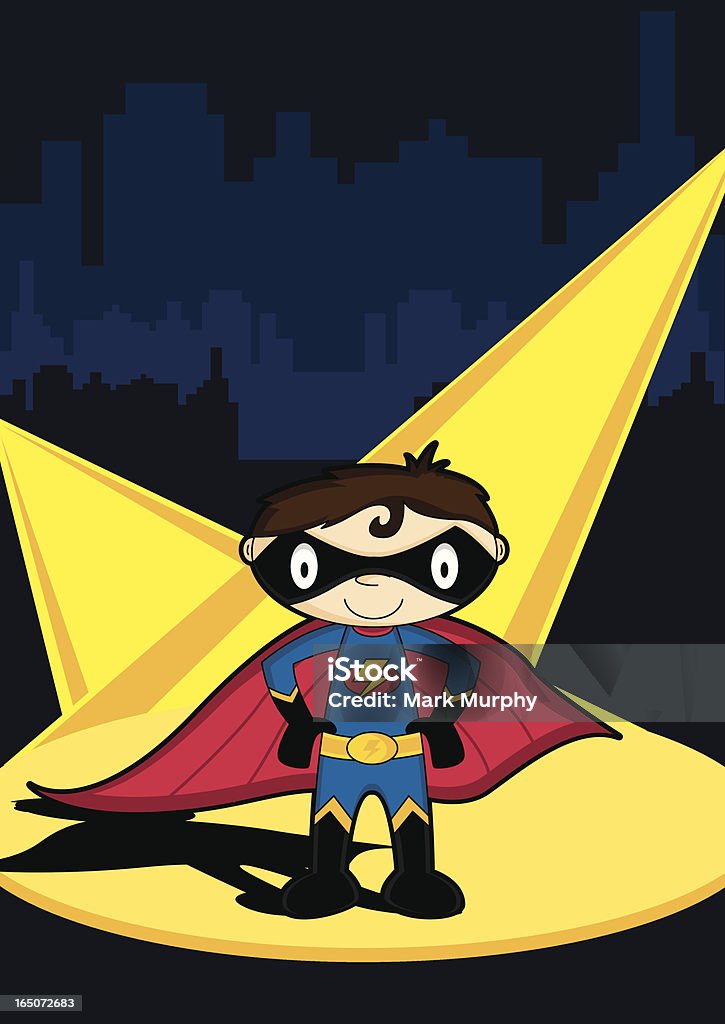 Süße Superboy Hero-Figur in der Stadt Szene - Lizenzfrei Superheld Vektorgrafik