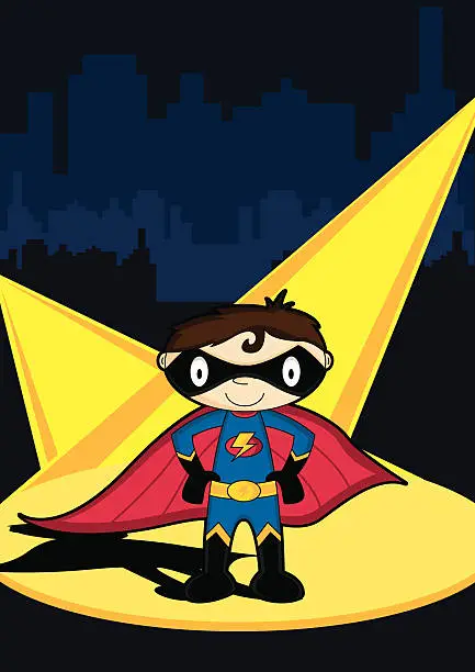 Vector illustration of Cute Superboy Hero Character in City Scene