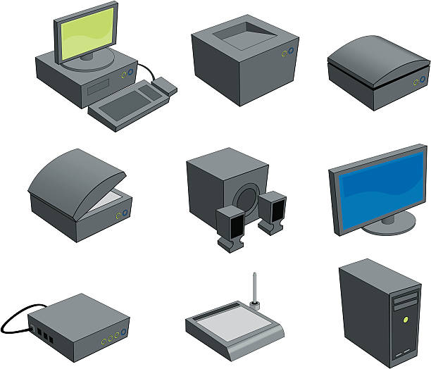 Desktop Computer Icons - 3D 3 Point Perspective Grey desktop computer images. Features completed desktop computer, printer, scanner (opened and closed), speakers, widescreen monitor, modem/router, graphics tablet and vertical case/server.  computer case stock illustrations