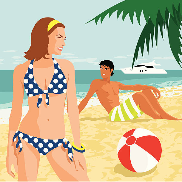 ilustrações, clipart, desenhos animados e ícones de combinação perfeita - swimming trunks women beach ball couple