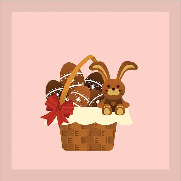 Vector illustration of hamper with chocolate eggs and easter bunny