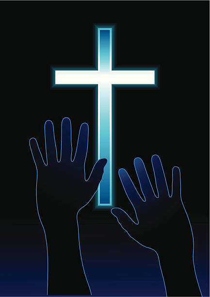 Reaching for light Hands reaching for glowing cross. praise and worship stock illustrations