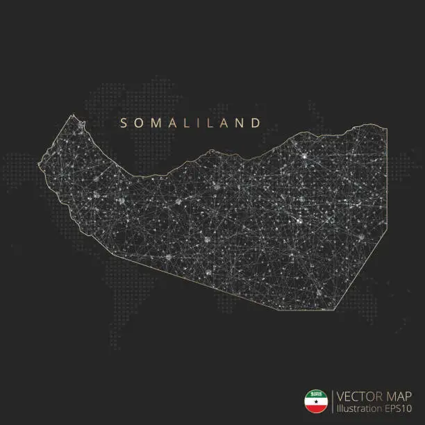 Vector illustration of Somaliland map abstract geometric mesh polygonal light concept with glowing contour lines countries and dots