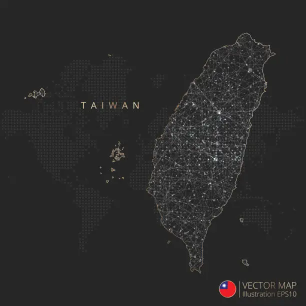 Vector illustration of Taiwan map abstract geometric mesh polygonal light concept with glowing contour lines countries and dots