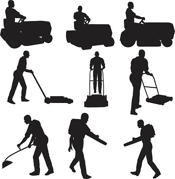 Lawn Service Silhouette Collection File types included are ai, eps, svg, and various jpgs (3000x3000,1000x1000,500x500) lawn mower clip art stock illustrations