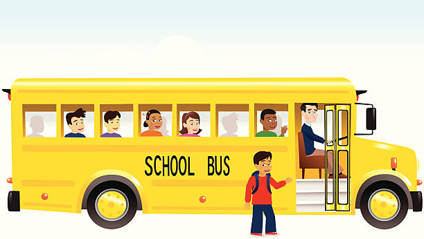 Yellow school bus Bus stopping to pick up a child on the way to school (or going home). Bus element is separate from standing child and background and is completely movable. school bus stop stock illustrations