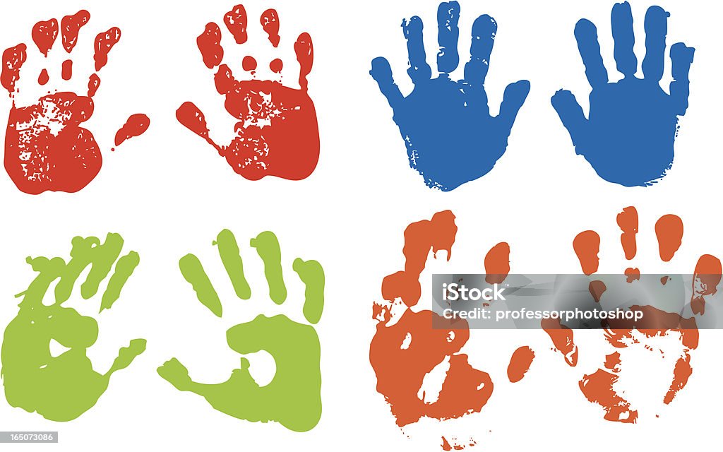 Handprints Colorful vector illustration of handprints. Each hand is grouped, and are layered according to colors. Download includes CS and hi-res jpeg as well as .eps file. Handprint stock vector