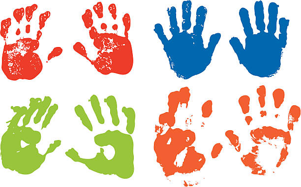 Handprints Colorful vector illustration of handprints. Each hand is grouped, and are layered according to colors. Download includes CS and hi-res jpeg as well as .eps file. handprint stock illustrations