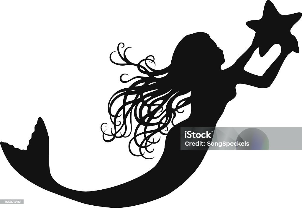 Mermaid and Starfish Mermaid and Starfish Silhouette. Beautiful swimming mermaid with long flowing hair holding a starfish. Mermaid stock vector