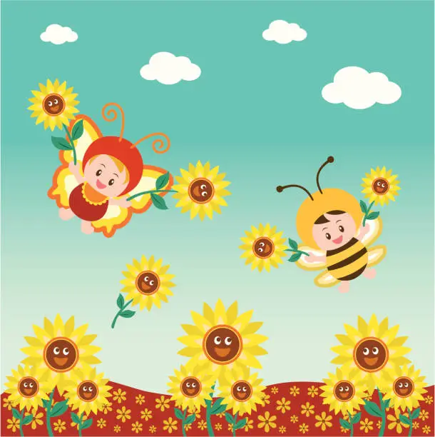 Vector illustration of little butterfly and bee in flowerbed