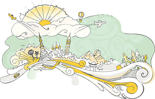 world travel doodle vector art illustration