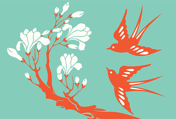 Swallows & Magnolia Vector Illustration of swallows & magnolia. art deco illustrations stock illustrations