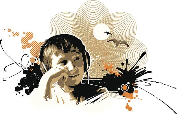 Vector illustration of boy listening to music
