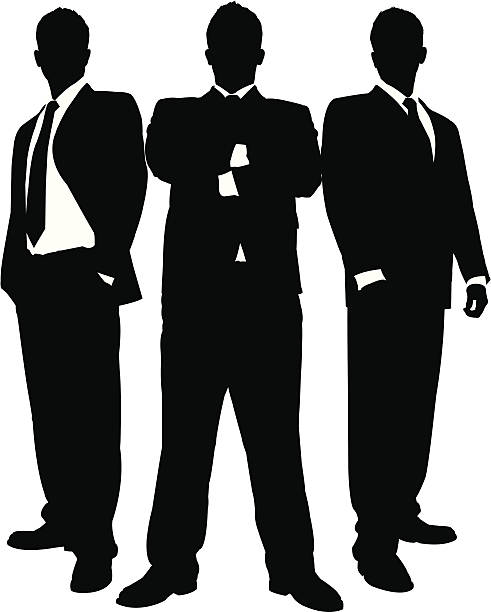 Businessmen in Black Series This set could be used as a body guard scene, business team scene, etc. This silhouette set contains 3 unique silhouettes that can be used individually or all together. This download contains an editable EPS file, as well as a large JPG file. man cross arms stock illustrations