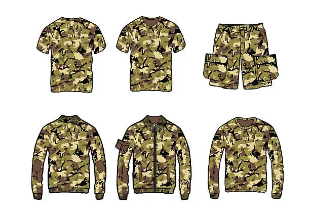 Vector illustration of set of clothes with camo pattern