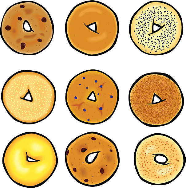 Bagels Vector illustration in a cartoon style of nine bagels. Bagels are on named fils for easy separation and editing in any vector program. poppy seed stock illustrations