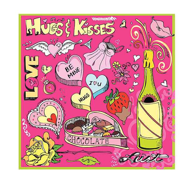 illustrazioni stock, clip art, cartoni animati e icone di tendenza di scarabocchio-love - champagne pink strawberry champaigne