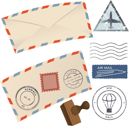 Useful stamps with distressed effect and envelopes (all separately grouped) under theme of air postage. High resolution JPEG, AI CS2 and AI8 EPS files included!