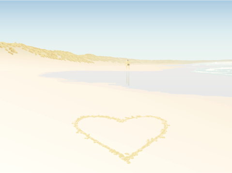 A couple walking along a beach with a love heart drawn in the sand in the foreground.  Fully layered for ease of editing.  Write your own message in the sand!  Includes EPS, AI CS2 and hi-res JPG.