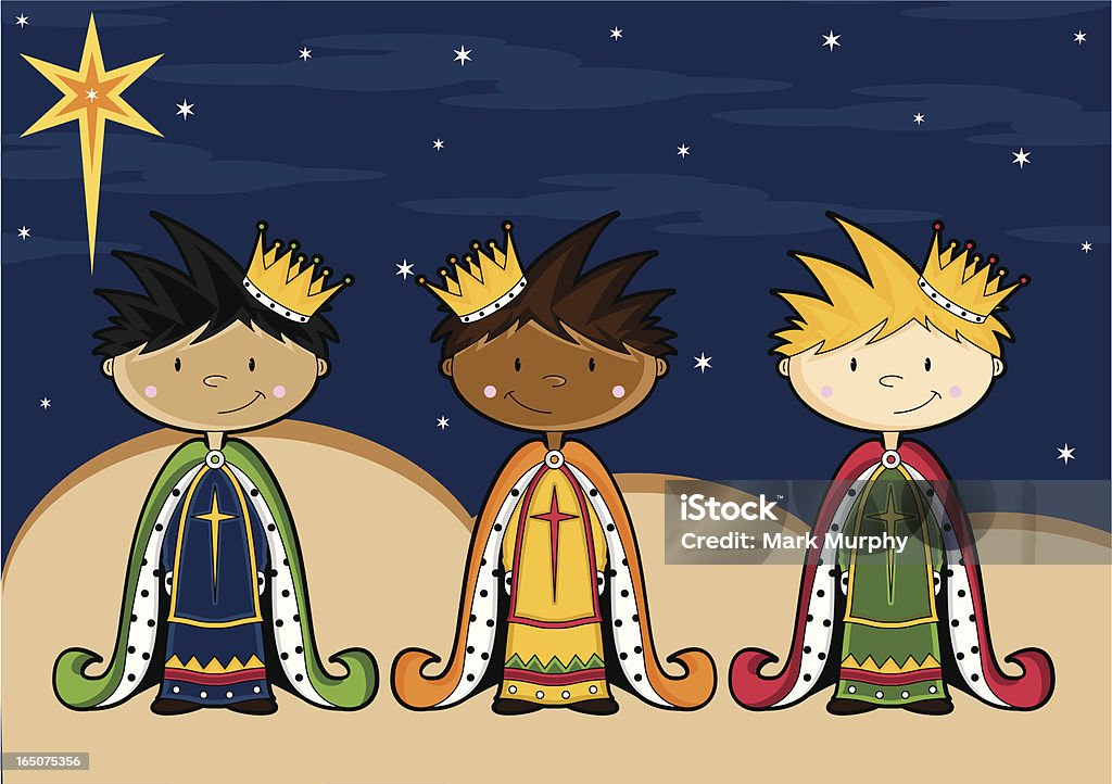 Süße Drei Nativity Zeichen mit King-Size-Bett - Lizenzfrei Drei weise Männer Vektorgrafik