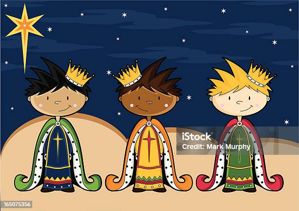 Süße Drei Nativity Zeichen Mit Kingsizebett Stock Vektor Art und mehr Bilder von Drei weise Männer - Drei weise Männer, Jungen, Kind