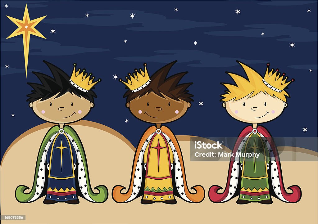 Linda tres Nativity caracteres con cama King - arte vectorial de Los Tres Reyes Magos libre de derechos