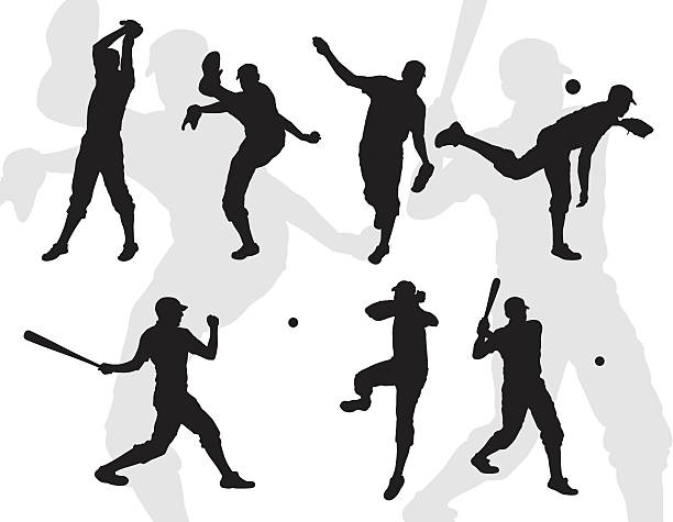 ilustraciones, imágenes clip art, dibujos animados e iconos de stock de siluetas de béisbol - baseball silhouette pitcher playing