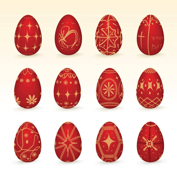 Easter eggs Collection of 12 traditionally hand painted and decorated eggs for Easter. This kind and similar eggs you can see at Serbia, Russia, and other orthodox countries. Prepared as design elements, all items are set on different layers and easy editable. Made with blends. orthodox church easter stock illustrations