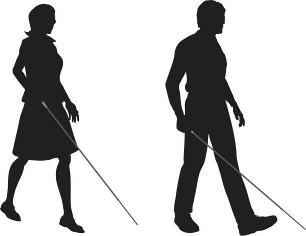 Blind People EPS, Layered PSD, High-Resolution JPG included. A blind woman and a blind man walk using their walking sticks to alert them of obstacles. blind persons cane stock illustrations