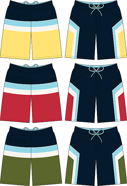 Bermuda Style Board Short with Strip Detail Bermuda Style Board Short with Strip Detail in 3 colourways. bathing suit stock illustrations