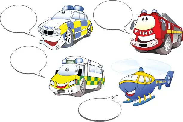 Vector illustration of Emergency Services Vehicles with bubbles