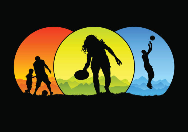 ilustraciones, imágenes clip art, dibujos animados e iconos de stock de diversos deportes ejercicio - soccer child silhouette sport