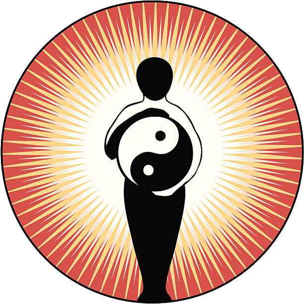 Yin Yang Figure Yin Yang Figure with red and gold sunburst. Abstract eastern figure shown holding a yin yang symbol in arms which are held in a circular position.  The Yin Yang symbol has taken the place of the invisible rolling ball in one movement of the Tai Chi exercise Wave Hands Like Clouds.  qi gong stock illustrations