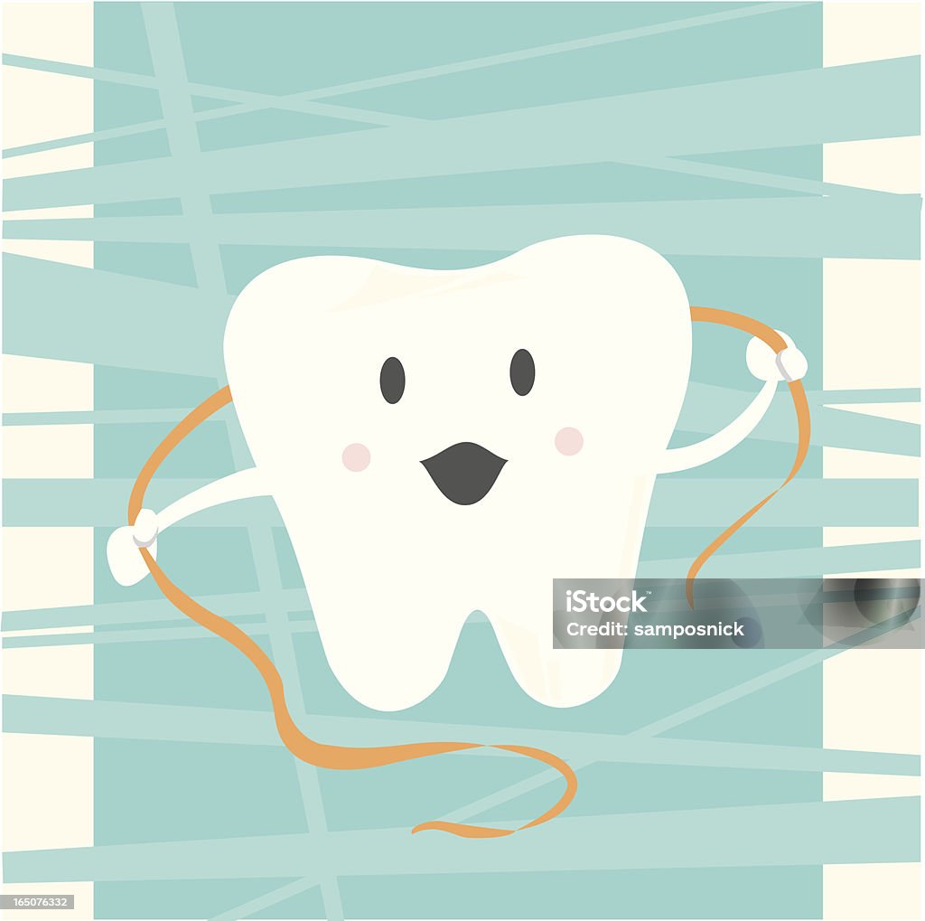 Tooth - Always Floss! A cute little smiling tooth flosses his back in front of a knotted dental floss background (on a separate layer). Cheerful stock vector
