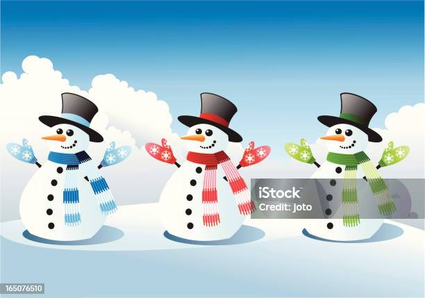 Три Snowmen — стоковая векторная графика и другие изображения на тему Без людей - Без людей, Векторная графика, Высокая шляпа