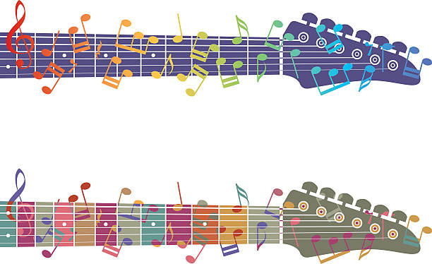 An image of two guitar necks and colorful music notes 2 versions of a guitar neck embellished with musical notes. Top version has notes with a rainbow effect and overlaid over neck, whereas bottom notes are cut out and coloured individually. 2 layers, with intact necks on bottom layer, all notes on separate layer. notes on guitar neck stock illustrations