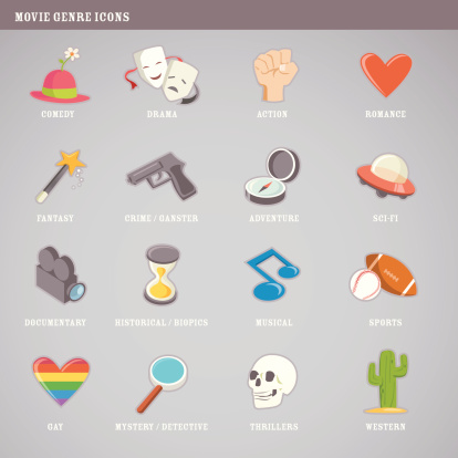 Cute movie genre icons: Comedy, Drama, Action, Romance, Fantasy, Crime / Gangster, Adventure, Sci-fi, Documentary, Historical / Biopics, Musical, Sports, Gay, Mystery / Detective, Thriller, Western.