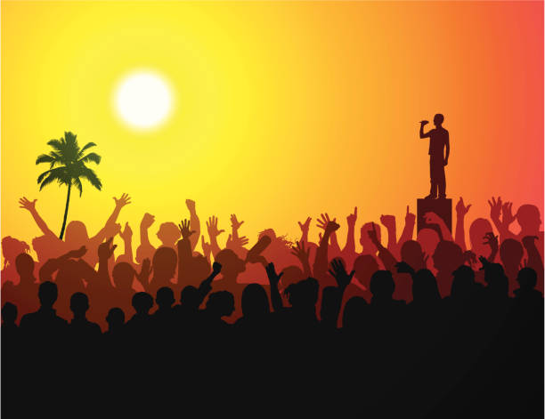 Festival on the Beach Crowd of people cheering a man with a microphone, with a palm tree in background. concert crowd stock illustrations