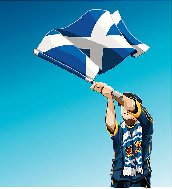 Scotland Waving Flag Soccer Fan "Vector Illustration of a Scottish football fan. The background is on a separate layer, so you can use the illustration on your own background. Included: EPS (v8), AI (CS2) and Hi-Res JPG." scotland football team stock illustrations