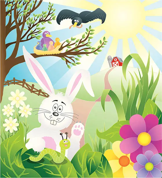 Vector illustration of Sunny Spring Scene with Rabbit, Flowers and Birds