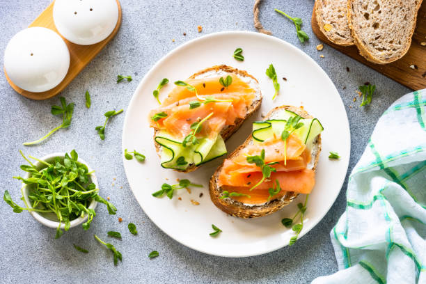 istock Open sandwich with cream cheese, salmon and cucumber. 1650770598