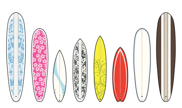 Surfobards Various surf shapes from all ages. longboarding stock illustrations