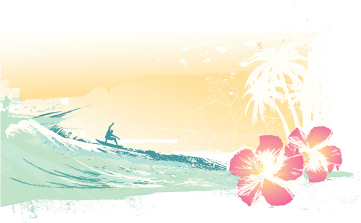 Surfer riding waves with palms and hibiscus, watercolor look