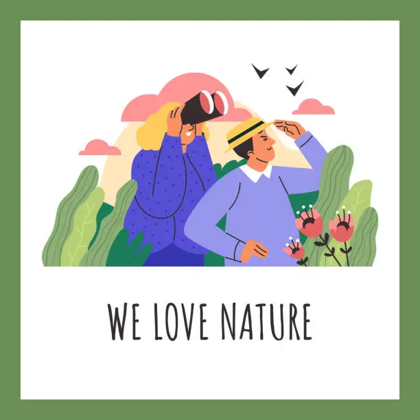 Vector illustration of Nature lovers poster, happy people contemplating nature with binoculars, flat vector illustration.