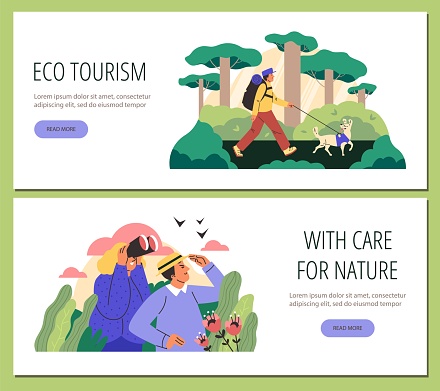 Ecotourism travel to support conservation efforts and observe wildlife web banners set, flat vector illustration on white background. Ecotourism activity web pages.