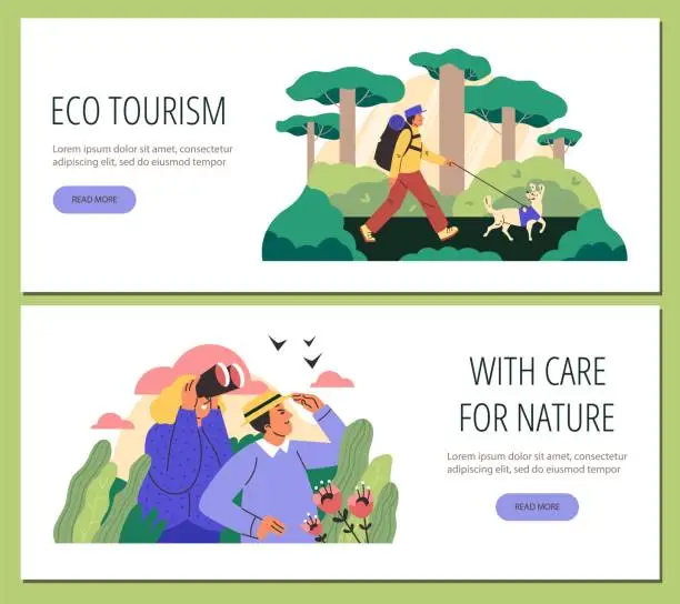 Vector illustration of Ecotourism to support conservation web banners set, flat vector illustration.