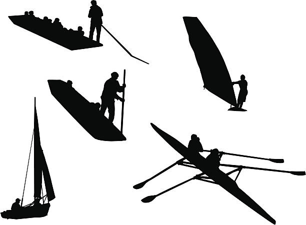 People and Water (silhouette, vector drawing) This is a collection of silhouettes of people having fun in boats of various types. The silhouettes use a global colour, so it's easy to change them. The zip file includes the CS3 AI file original. All of the silhouettes are compound images, so you can pick and choose. punting stock illustrations