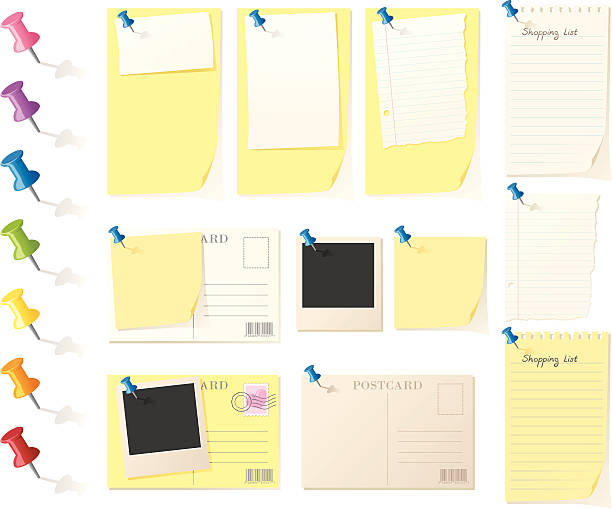 Paper and Pins - JPG included Scraps of paper, pictures, postcards and brightly coloured pins - make your own combinations. reminder-stamp stock illustrations